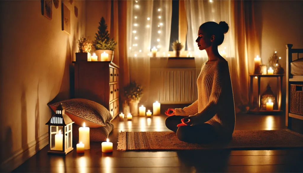 A cozy indoor yoga session at night, with a woman practicing a seated breathing exercise in a softly lit room. Candles and dim ambient lighting create a warm, peaceful atmosphere, fostering relaxation and relief from anxiety.