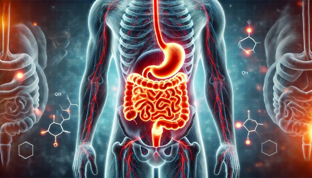 A scientific representation of digestive distress due to excessive magnesium intake, showing a glowing human digestive tract with red highlights on the stomach and intestines. The abstract background conveys discomfort and irritation.