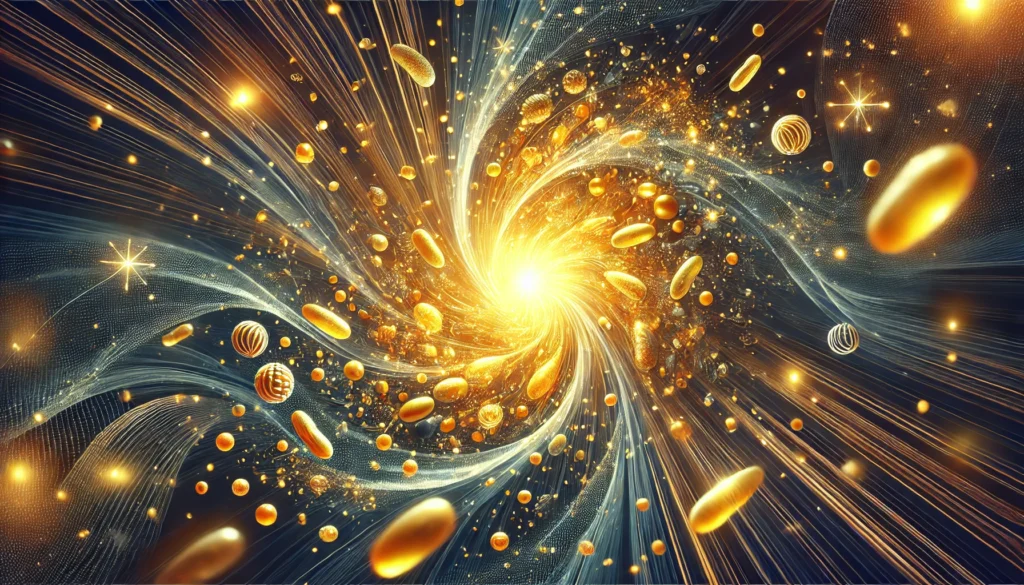 A vibrant and artistic representation of Vitamin B Complex, featuring glowing golden nutrient particles surrounded by a dynamic energy wave, symbolizing vitality, metabolism, and overall health.