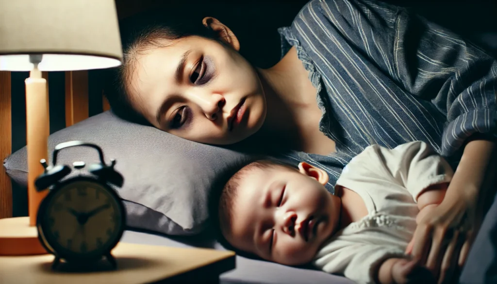 A sleep-deprived mother lies on a bed with dark circles under her eyes, looking exhausted while her baby sleeps peacefully beside her. A dim bedside lamp casts a soft glow, highlighting the contrast between the mother’s fatigue and the baby’s serenity.