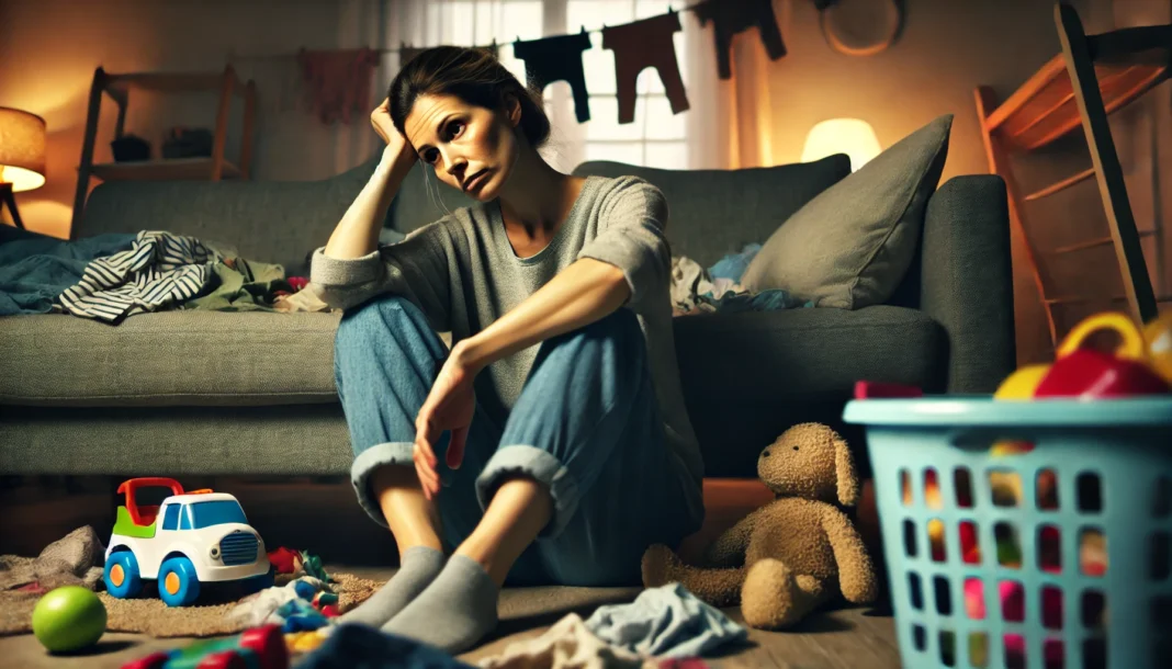 A tired mother sitting on the floor, leaning against a couch, surrounded by scattered toys and laundry. Her face shows exhaustion and overwhelm, emphasizing the mental and physical toll of motherhood.