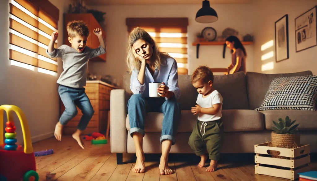 A mother sits on a couch in the evening, exhausted with her eyes closed, while her two young children jump and play around her. She holds a coffee cup, visibly drained by the constant demands of parenting.