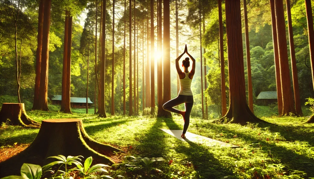 A tranquil yoga session in a lush green forest, where a woman practices a graceful tree pose. Sunlight filters through tall trees, creating a warm and calming atmosphere that promotes mindfulness and stress relief.