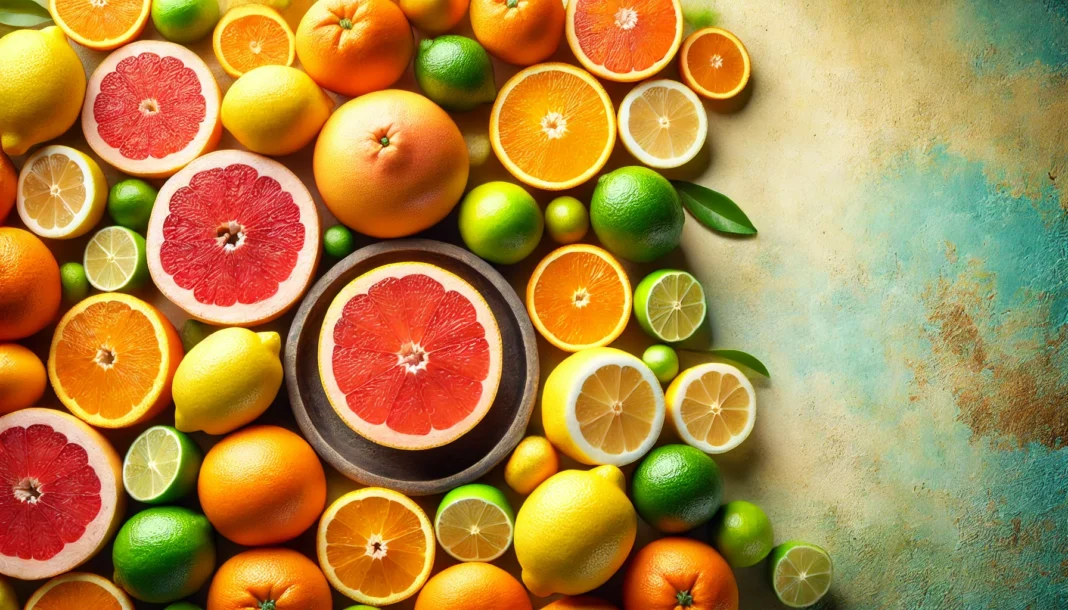 A vibrant still life composition featuring fresh citrus fruits, including oranges, lemons, grapefruits, and limes, sliced open to showcase their juicy interiors. The bright and natural background highlights their richness in vitamin C, symbolizing health and vitality.