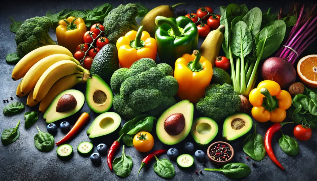 A vibrant assortment of vitamin B-rich vegetables and fruits, including avocados, bananas, spinach, broccoli, and bell peppers, displayed on a dark stone countertop to highlight their fresh and natural colors.