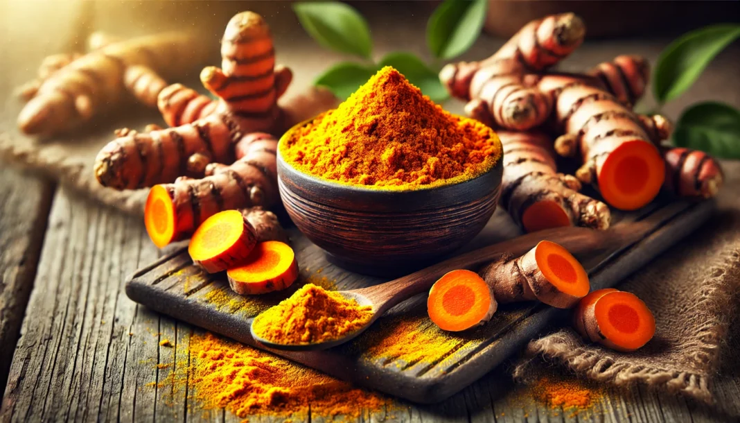 A vibrant display of fresh turmeric roots and ground turmeric in a wooden bowl on a rustic wooden surface. A wooden spoon filled with turmeric powder rests beside the bowl, with turmeric slices scattered around, highlighting the rich orange and earthy tones.