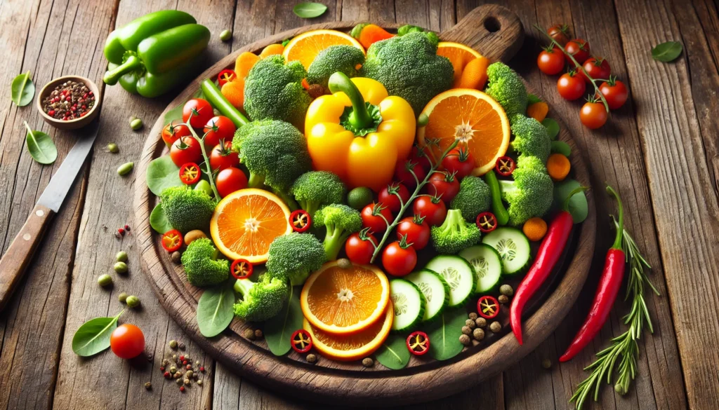 A beautifully arranged platter featuring vitamin C-rich vegetables, including broccoli, bell peppers, and cherry tomatoes, placed on a rustic wooden cutting board for a fresh and natural presentation.