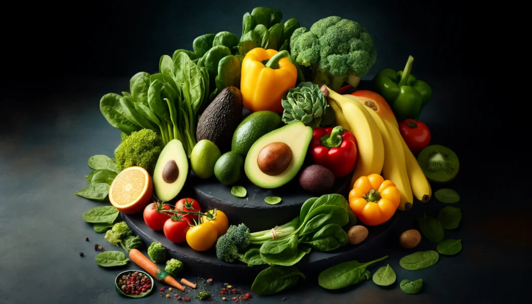 A vibrant assortment of vitamin B-rich vegetables and fruits, including avocados, bananas, spinach, broccoli, and bell peppers, arranged on a dark stone countertop to highlight their freshness and nutritional value.