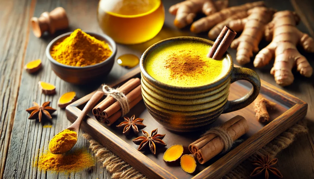 A warm and frothy golden turmeric latte in a rustic ceramic mug, topped with a light dusting of turmeric and cinnamon. Beside the mug, a cinnamon stick and star anise rest on a wooden tray, surrounded by fresh turmeric roots, turmeric powder, and a drizzle of honey.