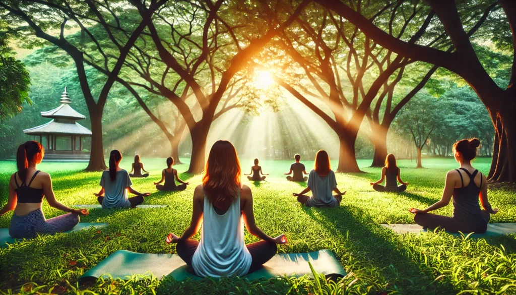 A serene yoga session in a lush green park, featuring a group of people sitting cross-legged in a meditative pose. Sunlight filters through the trees, casting a warm glow and fostering a peaceful, stress-relieving atmosphere.