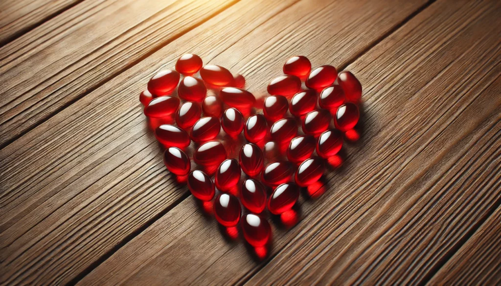 A heart shape created with multiple red softgel capsules on a wooden surface, symbolizing heart health benefits. The glossy softgels subtly reflect light, creating a warm and inviting aesthetic.