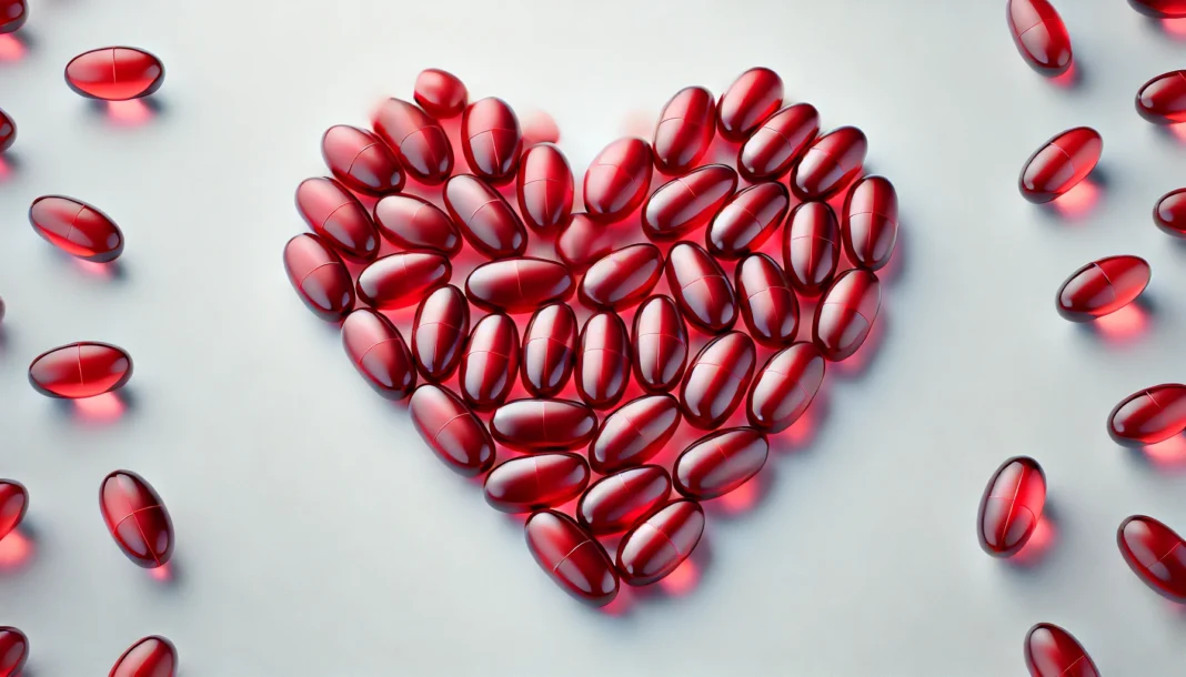 A visually appealing composition of red softgel capsules arranged in a heart shape on a clean white background. The glossy softgels reflect light, enhancing their smooth texture.