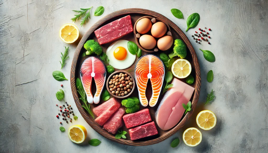 A top-down view of a wooden platter featuring an array of vitamin B-rich proteins such as salmon, eggs, chicken, and lean beef, complemented by fresh herbs and lemon slices for a visually balanced presentation.