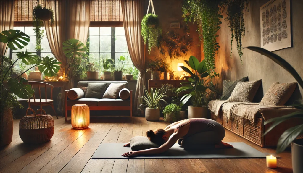 A serene indoor yoga session in a cozy, plant-filled room with warm lighting. A woman is practicing a restorative pose on a soft yoga mat, surrounded by greenery, highlighting relaxation and mental well-being through yoga.