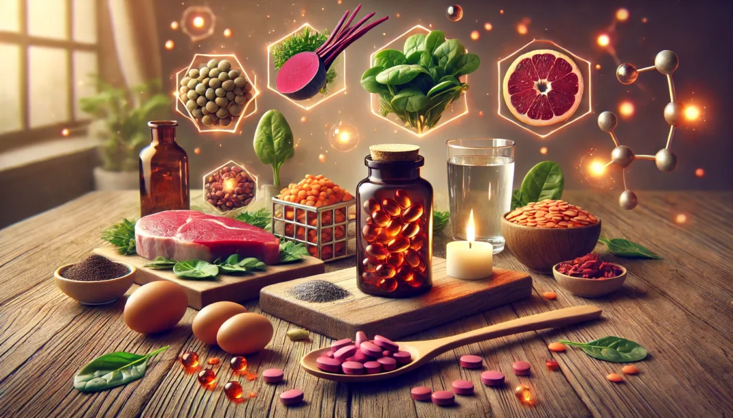 A close-up of a bottle of iron supplement capsules placed on a wooden surface, surrounded by iron-rich foods such as spinach, red meat, lentils, and nuts, with a softly blurred natural wellness background.