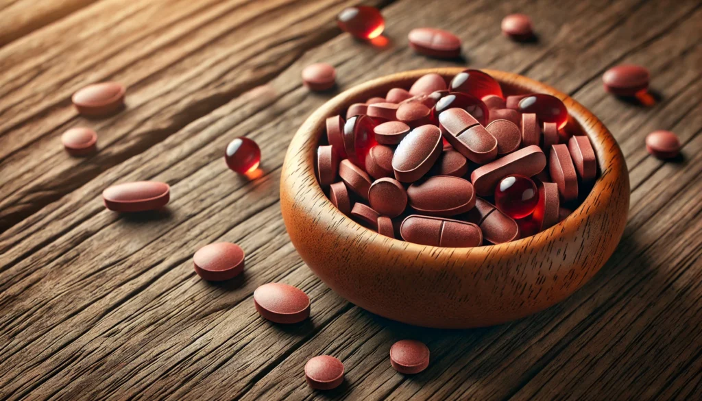 A small wooden bowl filled with iron supplement pills, placed on a rustic wooden surface. The capsules and tablets vary in shades of red and brown, with soft lighting enhancing their texture.