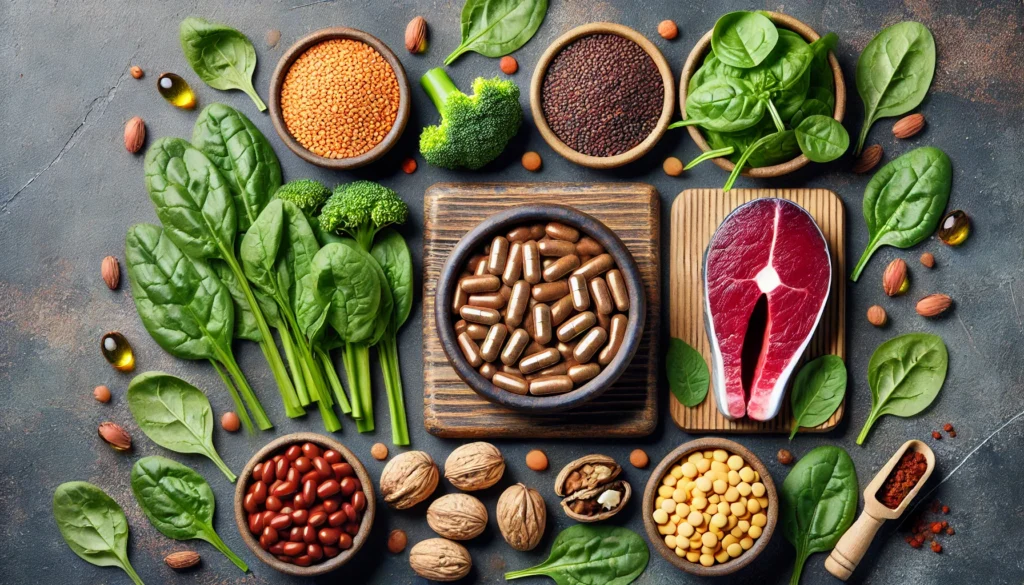 A top-down view of iron supplement pills alongside iron-rich foods such as spinach, red meat, lentils, and nuts. The arrangement highlights both natural and supplemental sources of iron, creating a balanced and informative composition.