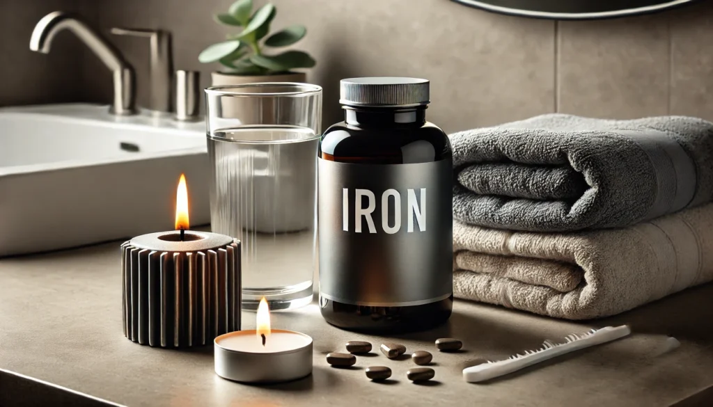 A modern bathroom countertop featuring a sleek iron supplement bottle next to a glass of water, a lit candle, and a neatly folded towel, creating a calming self-care ambiance.

