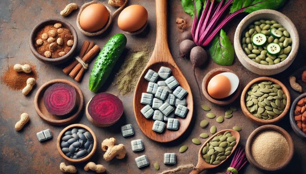 A top-down view of a wooden spoon filled with iron tablets, surrounded by natural iron-rich foods like beets, eggs, tofu, and pumpkin seeds, arranged on a rustic surface.