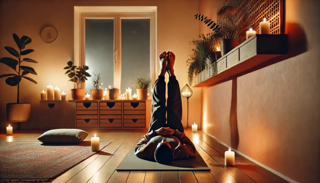 A person practicing the Legs-Up-The-Wall Pose (Viparita Karani) in a cozy, softly lit room. They are lying on a yoga mat with their legs resting against a wall, promoting relaxation and circulation. The scene includes candles, warm lighting, and a peaceful ambiance, enhancing stress relief and calmness.