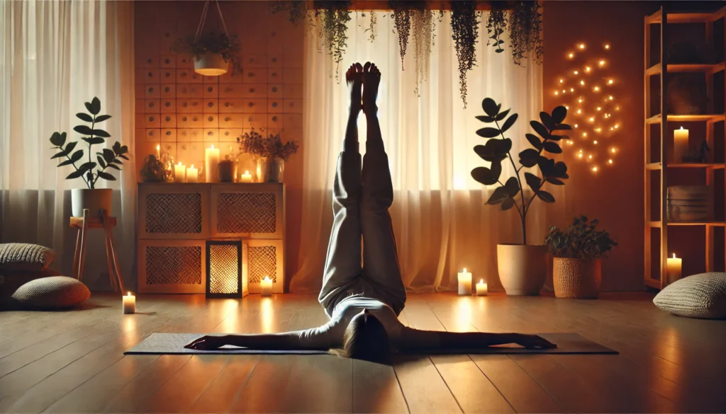 A person practicing the Legs-Up-The-Wall Pose (Viparita Karani) on a yoga mat in a tranquil, softly lit room. They are lying on their back with legs resting against a wall, promoting relaxation and circulation. The room features warm lighting, candles, and indoor plants, enhancing the calming and peaceful atmosphere.