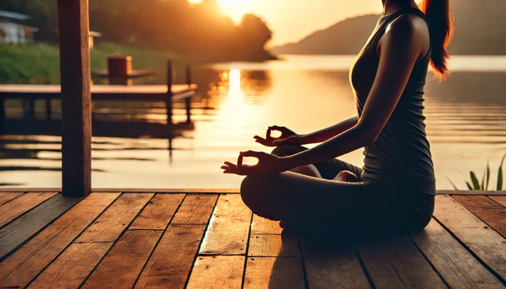 A person practicing the Lotus Pose (Padmasana) in a quiet outdoor setting during sunset. They are seated cross-legged with hands resting on their knees in a meditative position, facing a peaceful lake. The soft golden light reflecting on the water creates a serene and calming atmosphere, ideal for meditation and emotional balance.