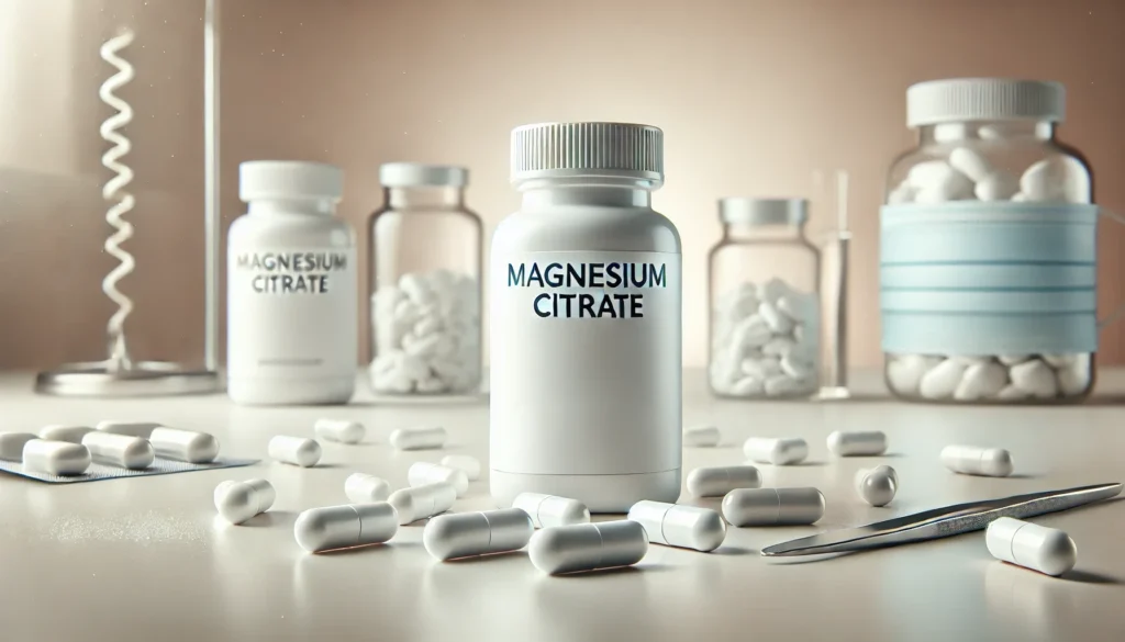 A modern and clean depiction of magnesium citrate supplements, featuring generic white capsules and a transparent bottle on a neutral-toned surface. The soft lighting emphasizes the wellness and medical benefits of the supplement.