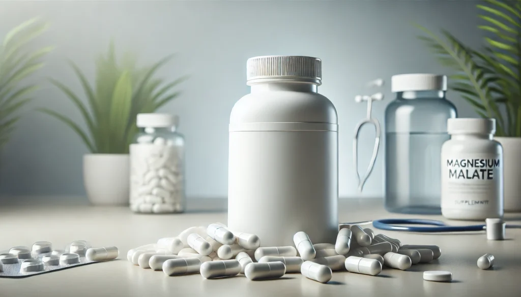 A modern and clean depiction of magnesium malate supplements, featuring generic white capsules and a transparent bottle on a neutral-toned surface. The soft lighting emphasizes the wellness and medical benefits of the supplement.