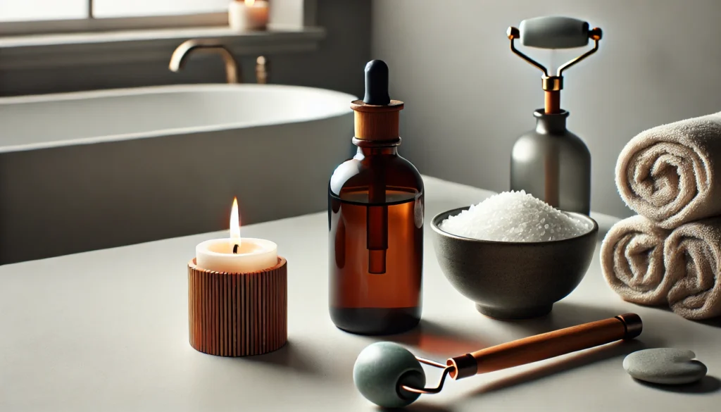 A sleek magnesium oil bottle displayed on a minimalist bathroom countertop, accompanied by a lit candle, a wooden massage roller, and a bowl of Epsom salt, enhancing a self-care routine.