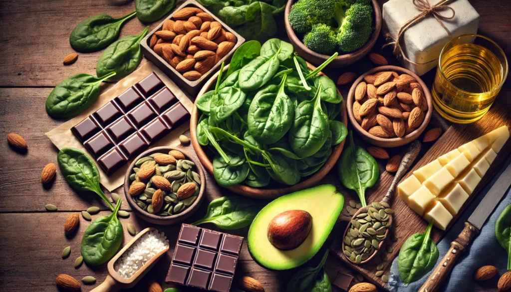 A carefully arranged still life of magnesium-rich foods, including spinach, almonds, avocado, dark chocolate, and pumpkin seeds, displayed on a rustic wooden table. The composition highlights natural dietary sources of magnesium.