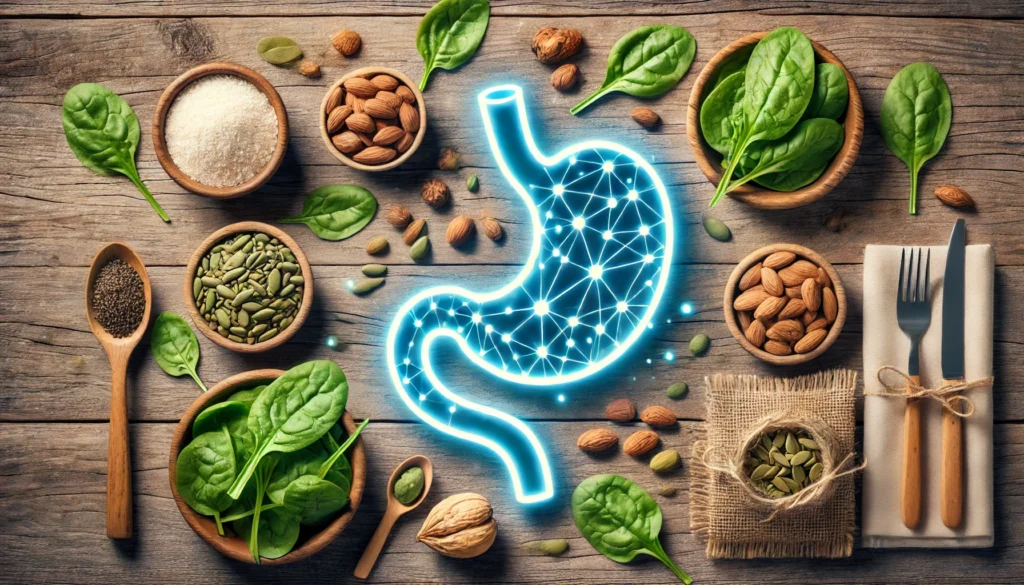 A top-down view of a wooden table featuring magnesium-rich foods like spinach, nuts, and seeds, alongside a conceptual glowing stomach icon, symbolizing the connection between magnesium intake and digestive well-being.