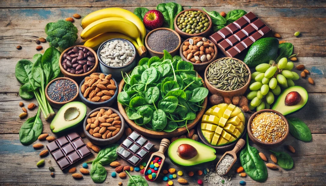 A vibrant assortment of magnesium-rich foods, including spinach, almonds, dark chocolate, bananas, avocados, legumes, whole grains, and seeds, displayed on a rustic wooden table for a fresh and inviting presentation.