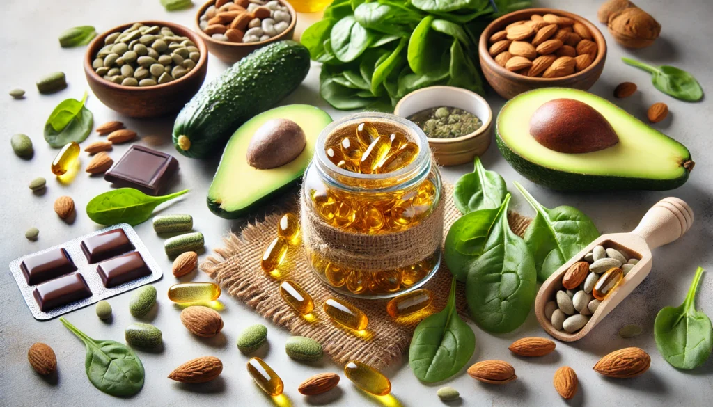 A still-life composition featuring magnesium supplement capsules and soft gel pills in an open bottle, surrounded by magnesium-rich foods such as spinach, almonds, seeds, avocados, and dark chocolate, promoting overall well-being.