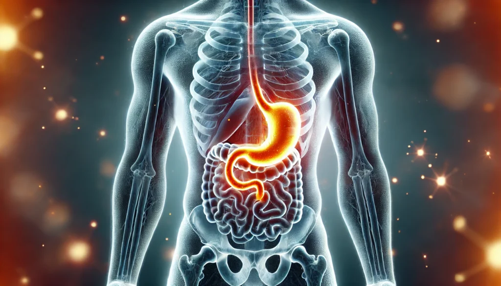 A medical-themed visualization of magnesium in the body, featuring a human silhouette with a highlighted stomach area. The image symbolizes the effects of magnesium on digestive health, with a soft glowing effect representing balance and relief.