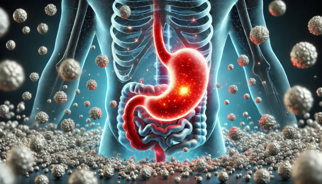 A conceptual image depicting a human stomach with a red glow indicating pain, surrounded by floating magnesium particles emitting a soft blue glow, symbolizing magnesium’s potential soothing effect on digestive discomfort.