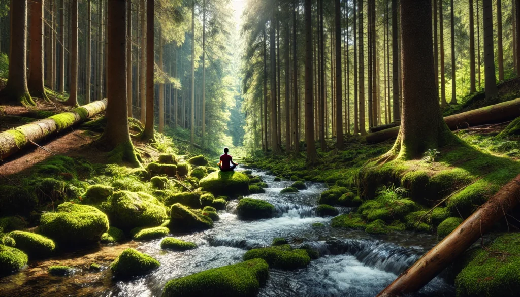 A tranquil forest setting featuring a person sitting on a moss-covered rock beside a gently flowing stream, meditating. Sunlight filters through the tall trees, casting dappled light onto the water and lush greenery, creating a peaceful and serene atmosphere.