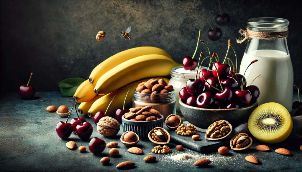 A still life composition featuring natural melatonin-rich foods, including tart cherries, almonds, bananas, and walnuts, elegantly arranged on a dark, moody background. The lighting highlights the freshness and vibrancy of the ingredients, emphasizing their role in promoting sleep and relaxation.