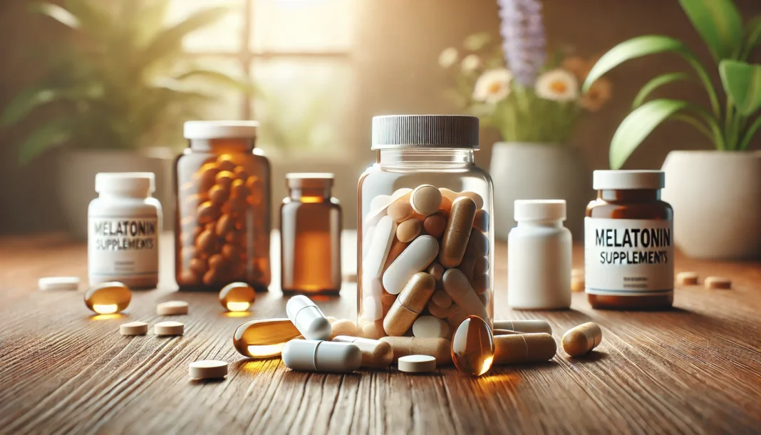 A realistic image of melatonin supplements displayed on a wooden surface, featuring capsules, tablets, and softgels. The background is softly blurred with natural lighting, creating a calming and neutral aesthetic.