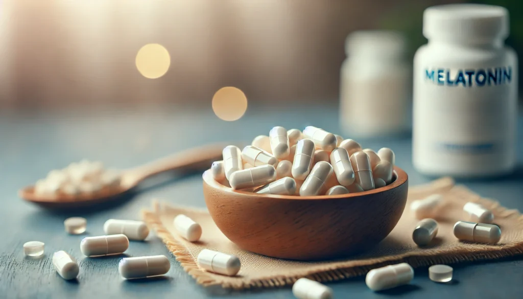 A close-up image of melatonin supplements in a small wooden bowl, with scattered capsules and tablets around it. The background features a soft blue-toned lighting, creating a calm and relaxing nighttime ambiance.