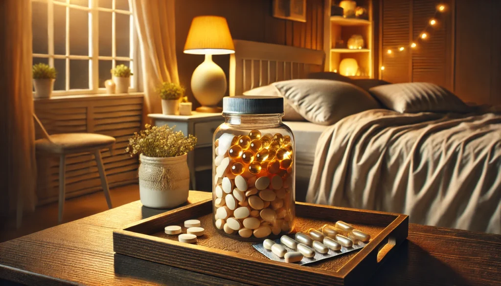 A realistic image of melatonin supplements in softgel and tablet forms, placed in an open pill bottle on a bedside table. The background features a cozy bedroom setting with warm, dim lighting, creating a soothing nighttime ambiance.