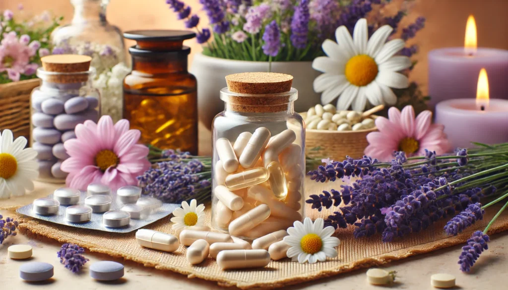 A visually calming display of melatonin supplements in softgel and tablet forms, arranged alongside fresh lavender flowers and chamomile. The background is softly blurred with warm lighting, emphasizing a natural connection to sleep support.