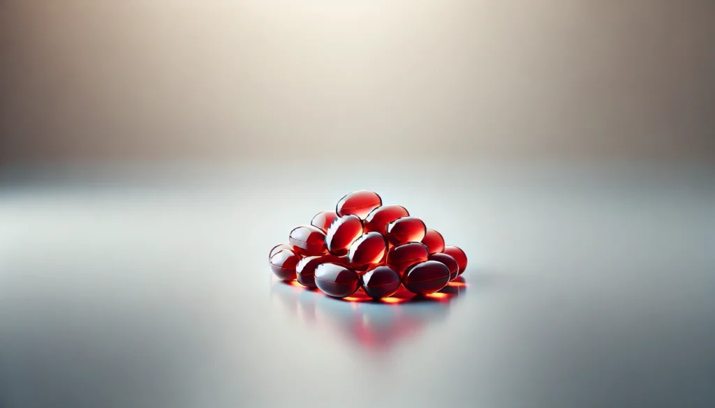 A clean and minimalistic image featuring a small pile of red softgel capsules on a reflective surface. The polished softgels are illuminated by soft lighting, creating depth and clarity.