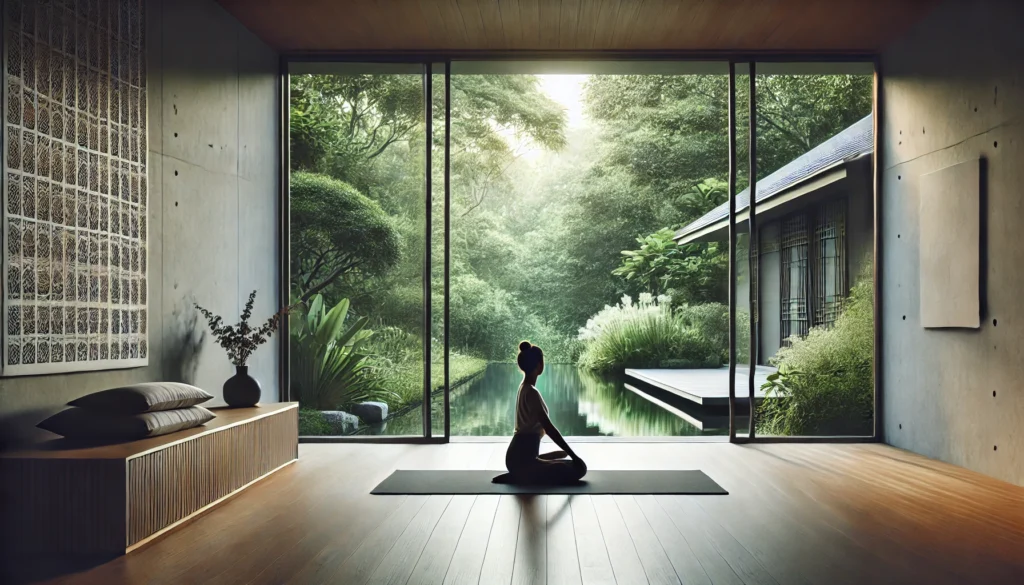 A peaceful indoor yoga session in a minimalist space with large windows overlooking a serene garden. A woman practices a seated forward bend on a soft mat, surrounded by natural light, enhancing the meditative and stress-relieving ambiance.