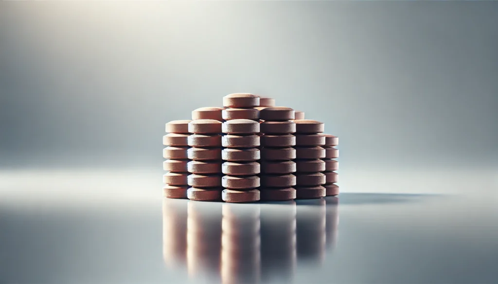 A minimalist composition of iron supplement pills arranged in a neat pile on a reflective surface. The soft, diffused lighting creates a clean and pharmaceutical aesthetic.