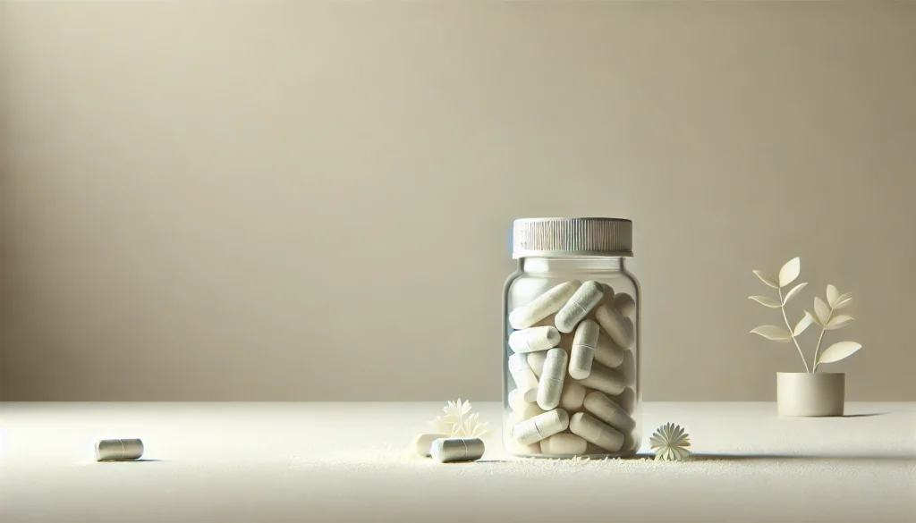 A conceptual image of melatonin supplements, featuring generic capsules in a soft, natural light on a modern, neutral background. The clean, minimalist composition evokes a sense of relaxation and sleep support without any branding or text.