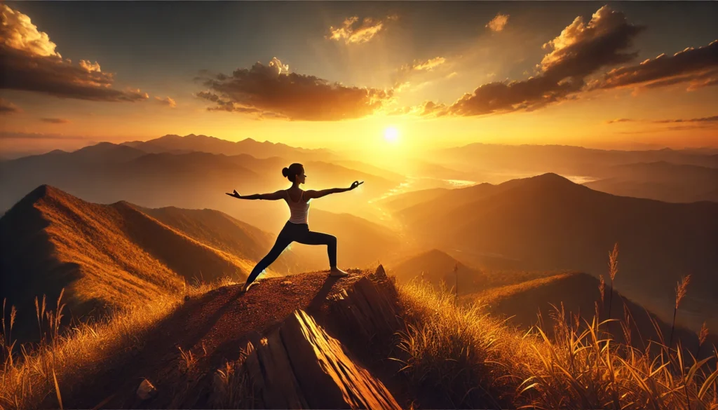 A calming yoga session on a mountaintop at sunset, with a woman performing a warrior pose. The vast landscape and golden sunlight radiate a sense of balance, inner peace, and stress reduction.