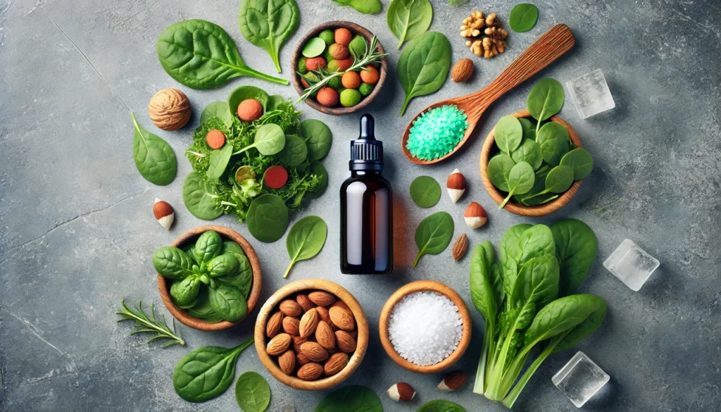 A top-down view of a magnesium oil bottle surrounded by magnesium-rich foods such as leafy greens, nuts, and a wooden spoon filled with sea salt, emphasizing natural mineral sources.