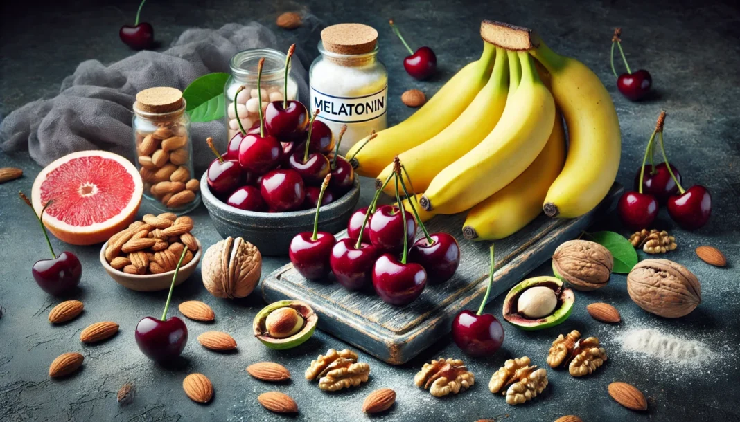 A still life composition featuring cherries, almonds, bananas, and walnuts on a dark, moody background, representing natural sources of melatonin and their role in sleep health.