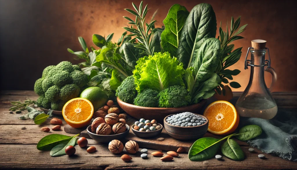 A still life arrangement of natural magnesium citrate sources, including leafy greens, nuts, and citrus fruits, displayed on a rustic wooden table. The organic lighting highlights dietary sources of magnesium citrate for natural wellness.