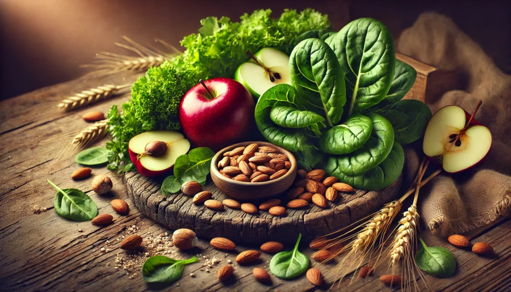 A still life composition of natural magnesium malate sources, including leafy greens, apples, and nuts, displayed on a rustic wooden surface. The organic lighting highlights dietary sources of magnesium malate for natural wellness.